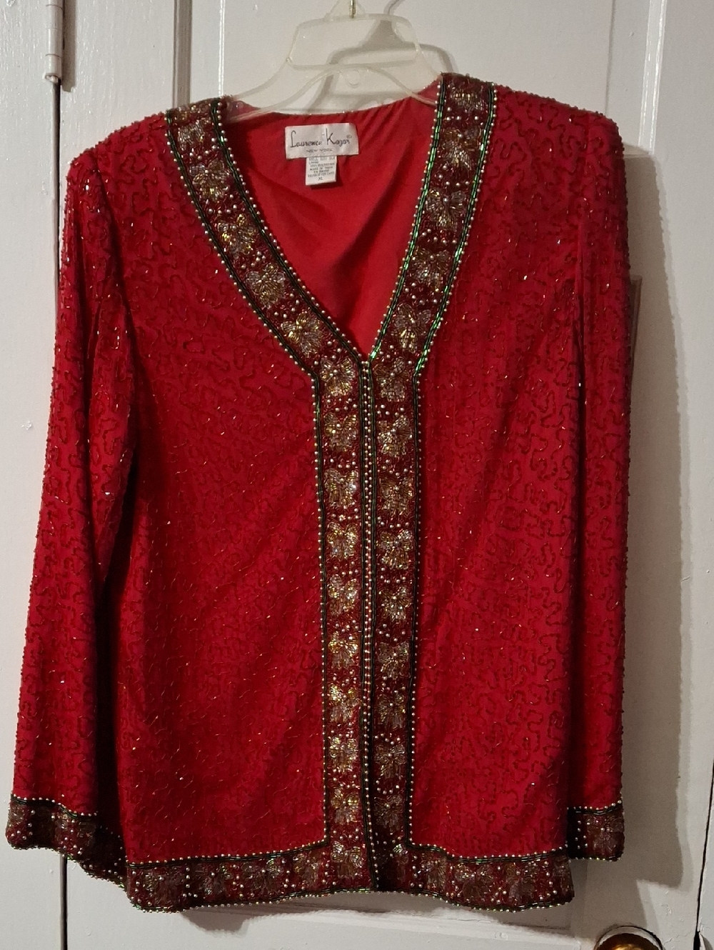 Laurence Kazar Red Beaded Embellished V-Neck Jacket (Mis277)